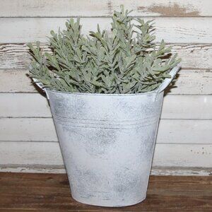 Shabby French Country Farmhouse Distressed White Metal Bucket with Greenery